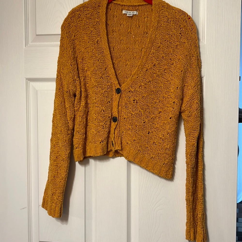American Eagle Outfitters Mustard Yellow Open Knit Button-Front Cardigan